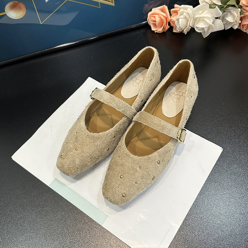 Retro Studded Square-Toe Ballet Mary Jane Shoes for Women - 2025 Spring Genuine Leather Slip-On Flats