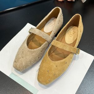 Retro Studded Square-Toe Ballet Mary Jane Shoes for Women - 2025 Spring Genuine Leather Slip-On Flats