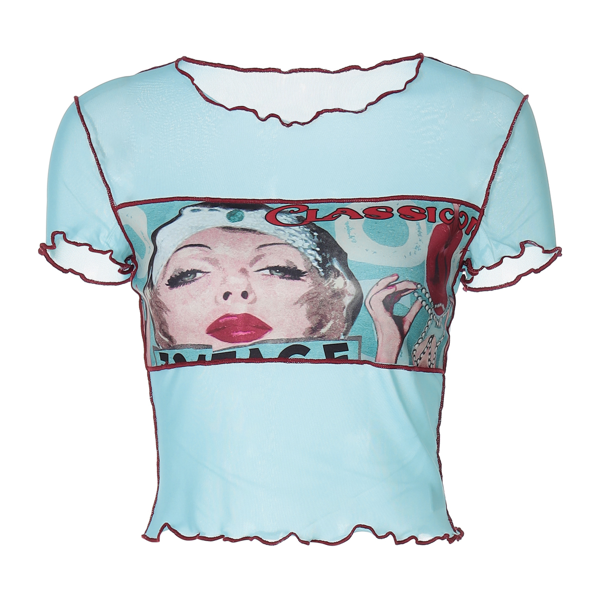 Retro-Style Quirky Girl Dopamine Print Color-Blocking Mesh Shoulder Round Neck Short Sleeve Top