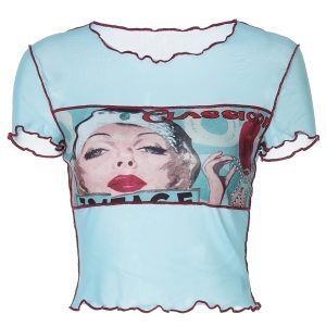Retro-Style Quirky Girl Dopamine Print Color-Blocking Mesh Shoulder Round Neck Short Sleeve Top