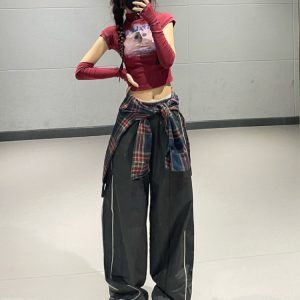 Retro Wine Red Cat Print Short Sleeve T-shirt for Women - Korean Jazz Dance Style, Early Autumn Fashion
