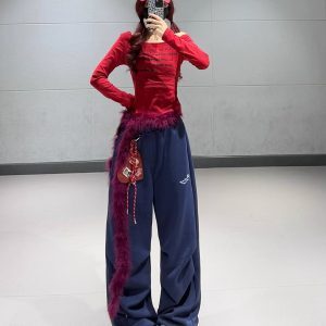 Retro Wine Red Off-Shoulder Top with Deep Blue Straight Casual Pants - Hip-Hop Street Dance Sports Long Pants Set