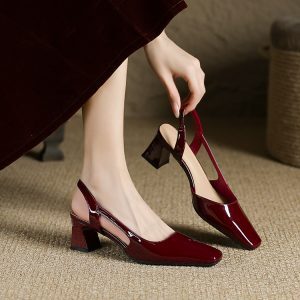 Retro Wine Red Patent Leather Open-Toe Backless High Heels for Women - Chunky Heel Qipao Sandals Summer 2025 Style