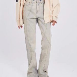 Retro Yellow Mud-Dyed Flared Jeans with Split Design - Water-Washed American High Street Style, Y2K-Inspired Fashion