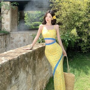 Reversible Bodycon Dress for Women - Sexy Hollow Lace Spliced Spaghetti Strap - French Vacation Style
