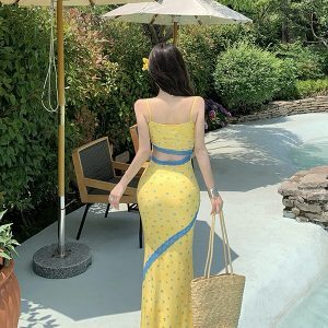Reversible Bodycon Dress for Women - Sexy Hollow Lace Spliced Spaghetti Strap - French Vacation Style