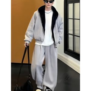 Reversible Plush Hooded Jacket and Casual Long Pants Set - American Retro Winter Fashion, Cozy Outfit for Stylish Comfort