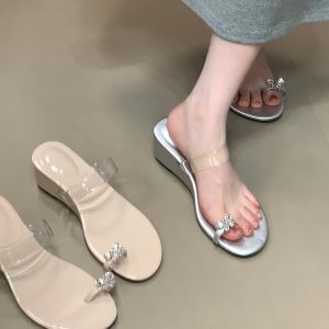 Rhinestone Transparent Strap Open-Toe Slide Sandals - Summer Wedge Slippers for Comfort and Style
