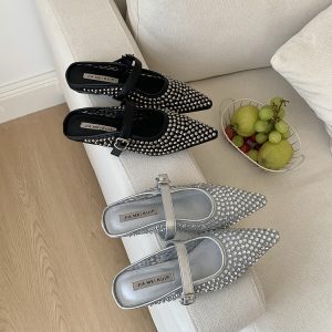 Rhinestone Wedge Slip-On Pointed Toe Half-Mule Shoes for Women - Summer French Style Cool Sandals Perfect for Skirts