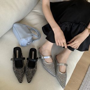 Rhinestone Wedge Slip-On Pointed Toe Half-Mule Shoes for Women - Summer French Style Cool Sandals Perfect for Skirts