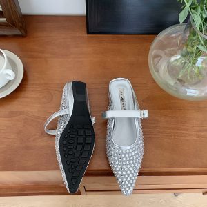 Rhinestone Wedge Slip-On Pointed Toe Half-Mule Shoes for Women - Summer French Style Cool Sandals Perfect for Skirts