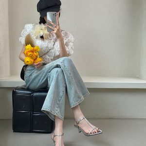 Roman Mid-Heel Sandals for Women, Pointed Toe One-Strap Design, Thin Heel, Silver Summer Shoes 2025, Trendy Fashion Footwear