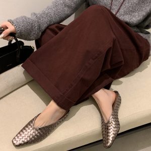 Roman-Style Retro Golden Woven Open-Toe Half Slippers for Women - Summer Wedge Square-Toe Mules