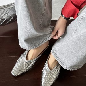 Roman-Style Retro Golden Woven Open-Toe Half Slippers for Women - Summer Wedge Square-Toe Mules