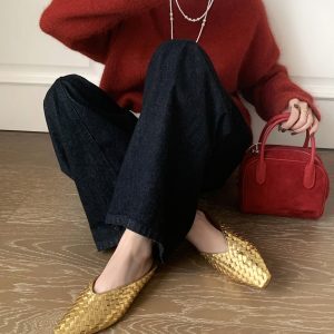 Roman-Style Retro Golden Woven Open-Toe Half Slippers for Women - Summer Wedge Square-Toe Mules