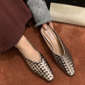 Roman-Style Retro Golden Woven Open-Toe Half Slippers for Women - Summer Wedge Square-Toe Mules
