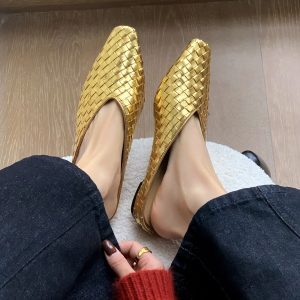 Roman-Style Retro Golden Woven Open-Toe Half Slippers for Women - Summer Wedge Square-Toe Mules