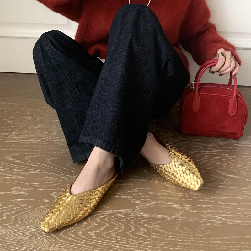Roman-Style Retro Golden Woven Open-Toe Half Slippers for Women - Summer Wedge Square-Toe Mules