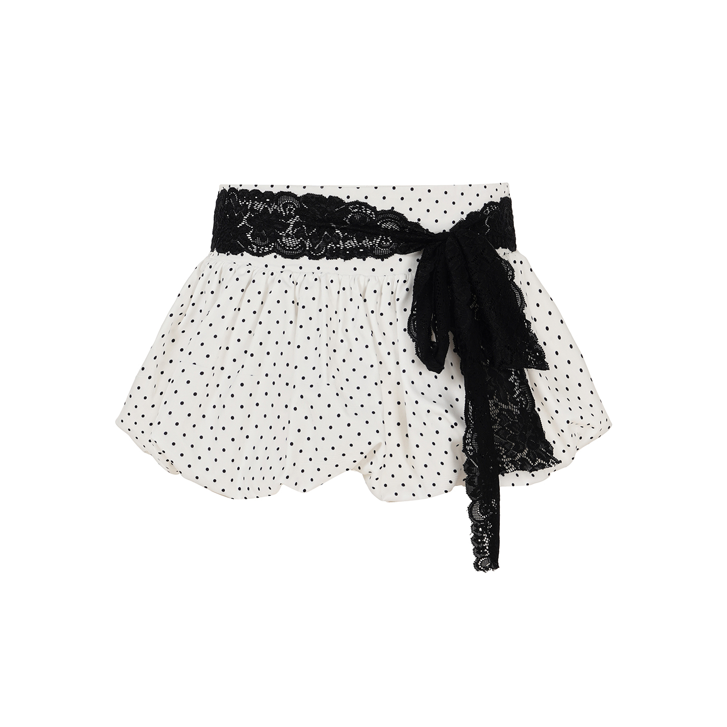 Romantic Polka Dot Print Low-Waist Skirt with Lace Splicing and Tie-Up Detail - French Ballet Style Flower Bud Half Skirt