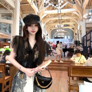 Romantic Sheer Lace Shirt with Ink Silk Satin Cotton and Half-Length Umbrella Skirt - 90s Inspired Women's Fashion Ensemble