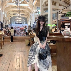 Romantic Sheer Lace Shirt with Ink Silk Satin Cotton and Half-Length Umbrella Skirt - 90s Inspired Women's Fashion Ensemble