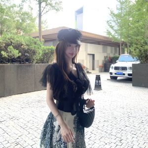 Romantic Sheer Lace Shirt with Ink Silk Satin Cotton and Half-Length Umbrella Skirt - 90s Inspired Women's Fashion Ensemble