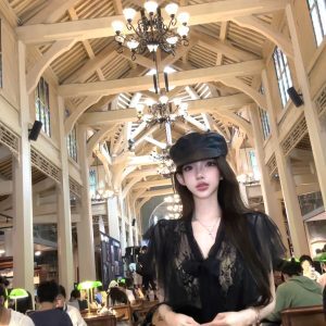 Romantic Sheer Lace Shirt with Ink Silk Satin Cotton and Half-Length Umbrella Skirt - 90s Inspired Women's Fashion Ensemble