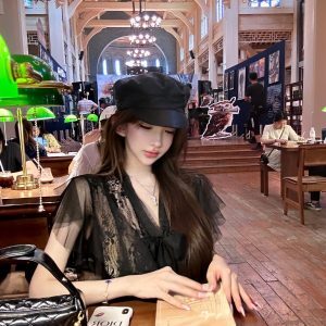 Romantic Sheer Lace Shirt with Ink Silk Satin Cotton and Half-Length Umbrella Skirt - 90s Inspired Women's Fashion Ensemble