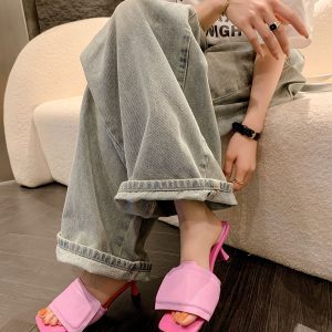Rose Color Magic Tape One-Word Sandals for Women - Summer Outdoor Square Toe Open-Toe Thin Heel High Heels