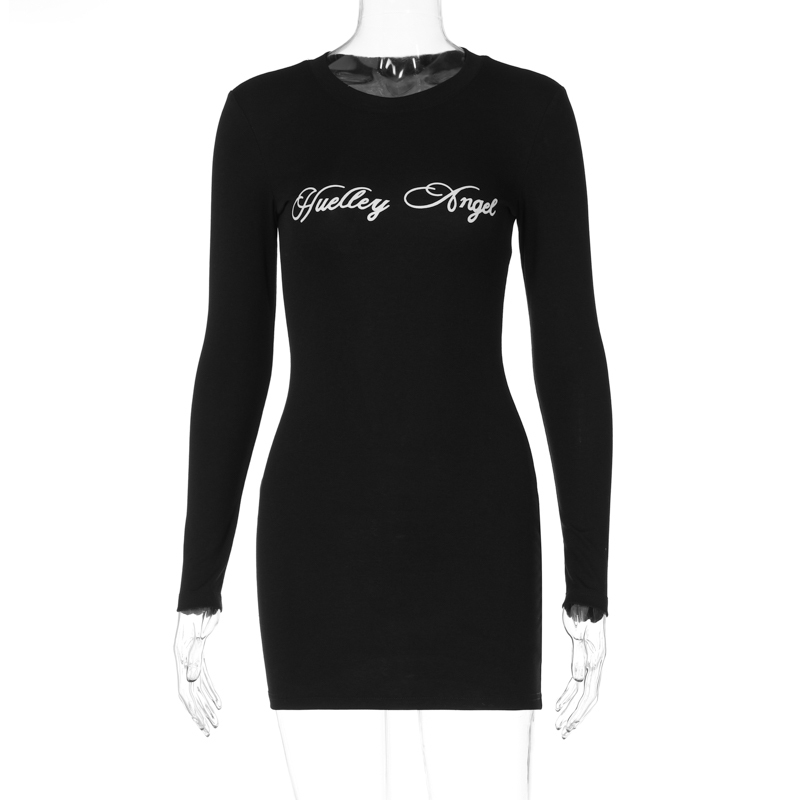 Round Neck Letter Print Long Sleeve Dress for Women – Stretchy Slim Fit Pencil Skirt, Flattering Short Dress, European American Style