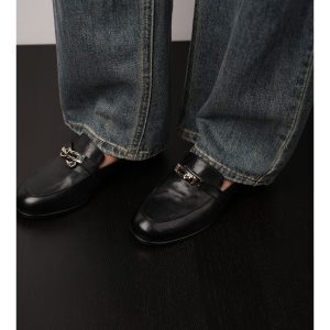 Round Toe Deep Mouth Mule Shoes Low Heel Soft Bottom Versatile Flat Loafers with Metal Buckle for Spring Style