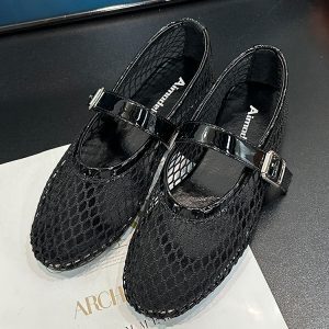Round-Toe Fishnet Hollow-Out Flat Sandals for Women - Spring Summer One-Strap Buckle Mary Jane Style