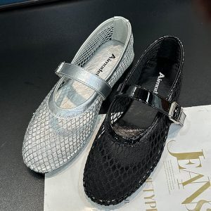 Round-Toe Fishnet Hollow-Out Flat Sandals for Women - Spring Summer One-Strap Buckle Mary Jane Style
