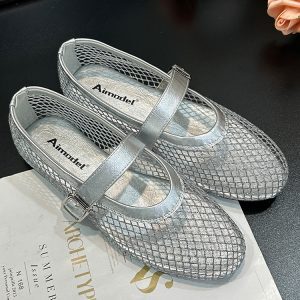 Round-Toe Fishnet Hollow-Out Flat Sandals for Women - Spring Summer One-Strap Buckle Mary Jane Style
