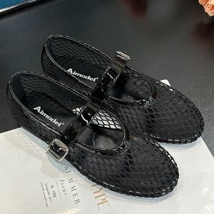 Round-Toe Fishnet Hollow-Out Flat Sandals for Women - Spring Summer One-Strap Buckle Mary Jane Style