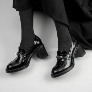 Round Toe High Heel Loafers for Women, Chunky Heel Height-Increasing Flats with Metal Buckle, All-Season Stylish Footwear