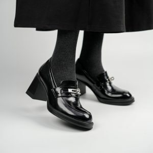 Round Toe High Heel Loafers for Women, Chunky Heel Height-Increasing Flats with Metal Buckle, All-Season Stylish Footwear