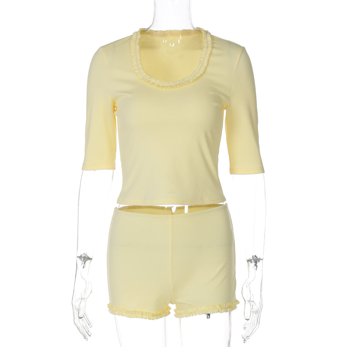 Ruffled Round Neck Short Sleeve T-Shirt and Solid Color Slim Fit Shorts Two-Piece Set for Women - European American Style