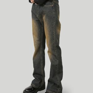 Rust-Colored Micro-Flare Jeans for Men - Vintage Washed High Street Slim Fit Pants, Retro Style, Clean Fit, Trendy Fashion