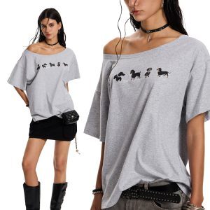 Sausage Dog Off-Shoulder Short Sleeve T-Shirt - Summer Loose Fit Slimming Printed Top for Y2K and Casual Style