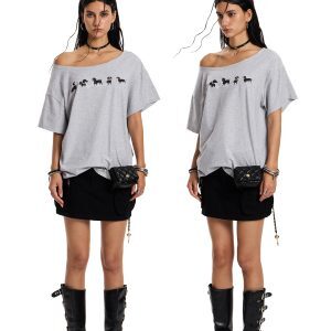 Sausage Dog Off-Shoulder Short Sleeve T-Shirt - Summer Loose Fit Slimming Printed Top for Y2K and Casual Style