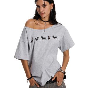 Sausage Dog Off-Shoulder Short Sleeve T-Shirt - Summer Loose Fit Slimming Printed Top for Y2K and Casual Style