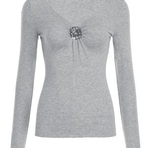 Sequin Flower Patchwork V-Neck T-Shirt for Women - Solid Color Slim-Fit Knitted Top, Versatile 90s-Inspired Style