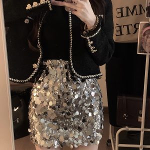 Sexy Black Short-Sleeve Top and Silver Fish Scale Sequined Bodycon Skirt Set for Jazz Performance - Night Out Fashion