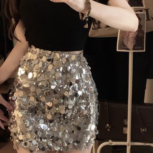 Sexy Black Short-Sleeve Top and Silver Fish Scale Sequined Bodycon Skirt Set for Jazz Performance - Night Out Fashion