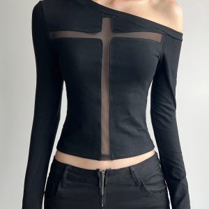 Sexy Cross Mesh Splicing T-shirt for Women, Slant Shoulder Slim Fit Knitted Top in Hot Girl Y2K Style