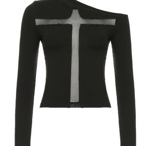 Sexy Cross Mesh Splicing T-shirt for Women, Slant Shoulder Slim Fit Knitted Top in Hot Girl Y2K Style