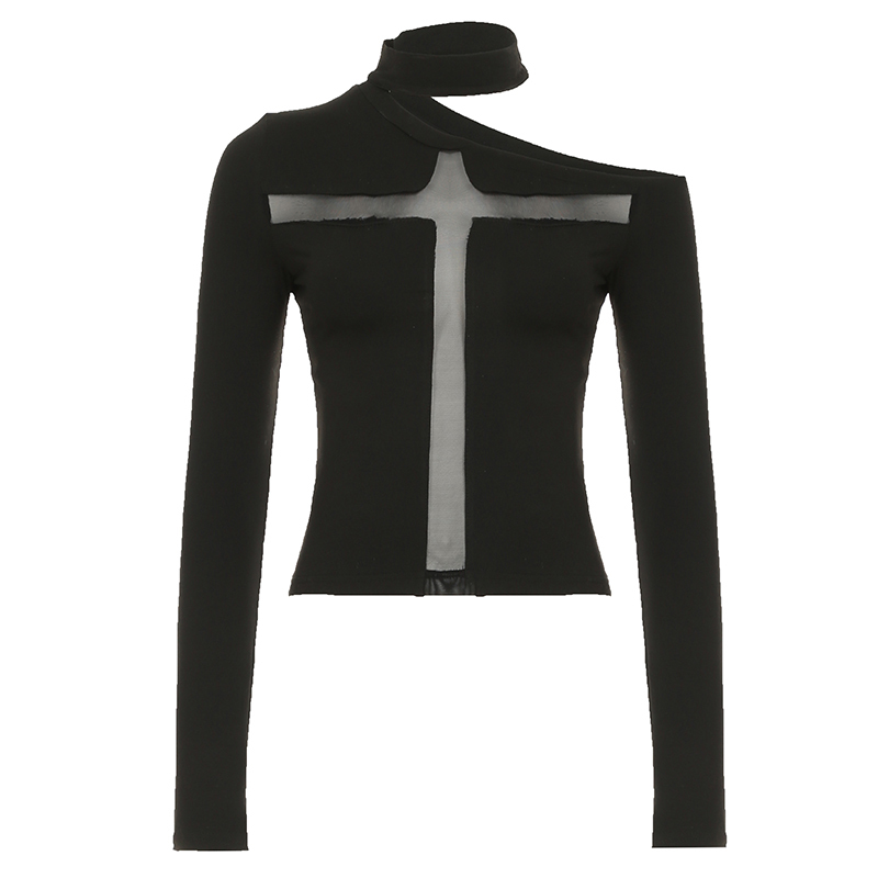 Sexy Cross Mesh Splicing T-shirt for Women, Slant Shoulder Slim Fit Knitted Top in Hot Girl Y2K Style
