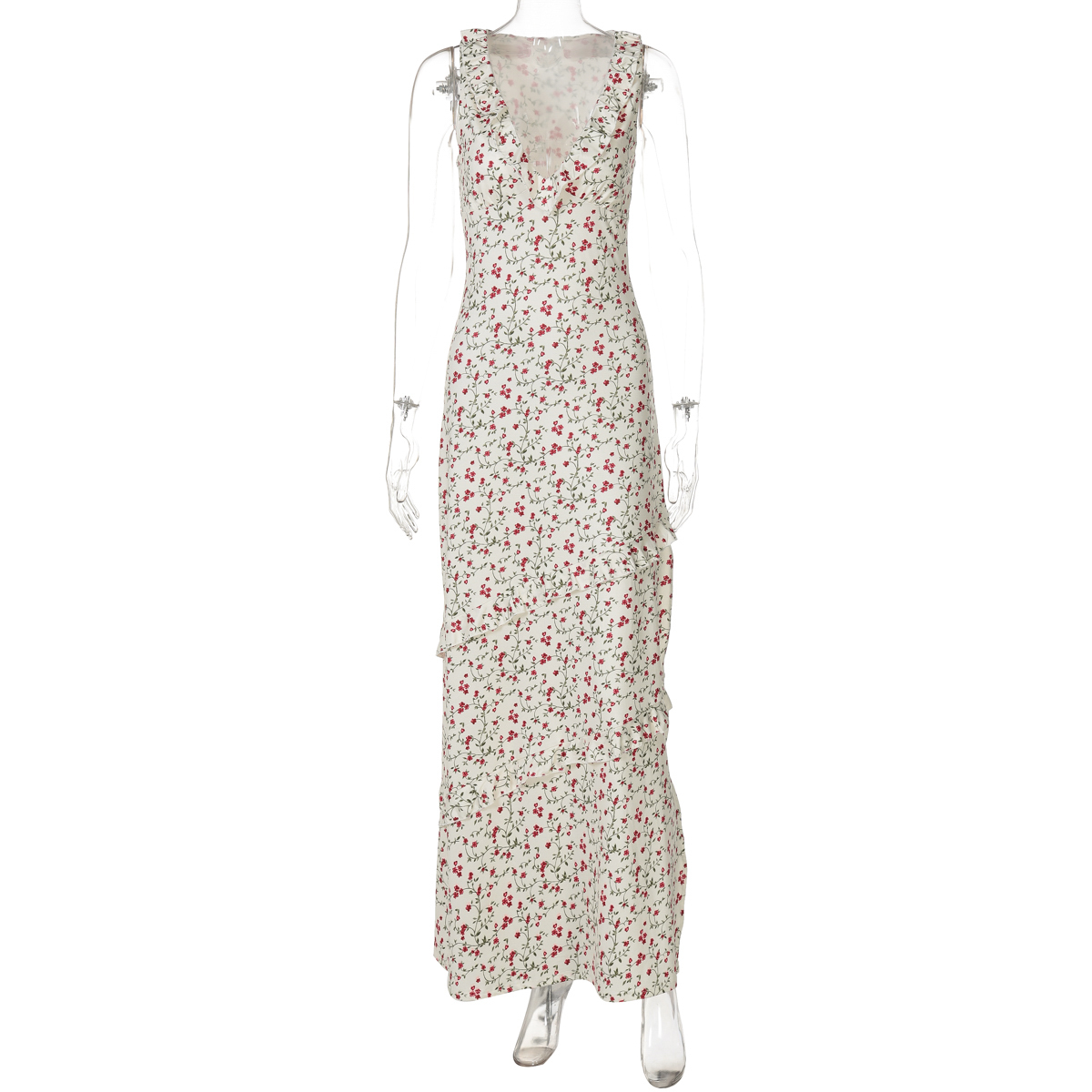 Sexy Deep V-Neck Floral Dress for Women - High-Waisted Slim Fit Long Skirt with Split Hem, European and American Style