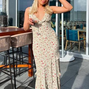 Sexy Deep V-Neck Floral Dress for Women - High-Waisted Slim Fit Long Skirt with Split Hem, European and American Style